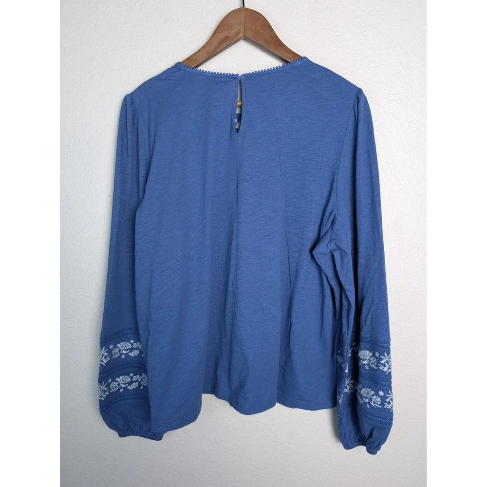 NWOT Boden Blouse Women 22 Blue Embroidered Floral Jersey Long Sleeve Boho Top
